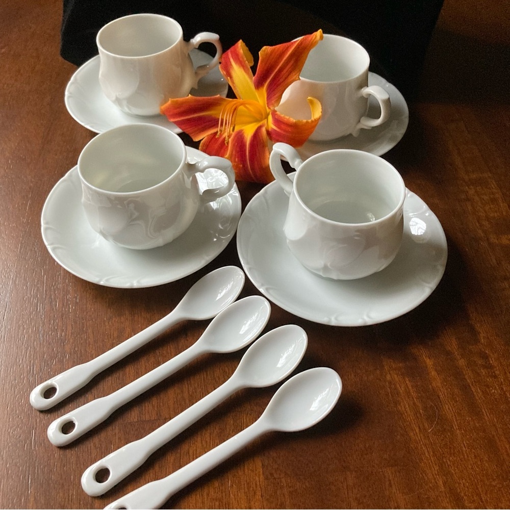 White Porcelain Demitasse Cups, Saucers & Spoons